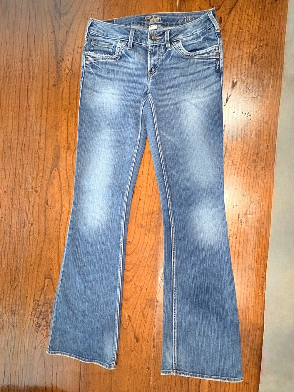 Silver Jeans Co Aiko Slim Bootcut Jeans Medium Wash Blue Distress Stitch W28 L35